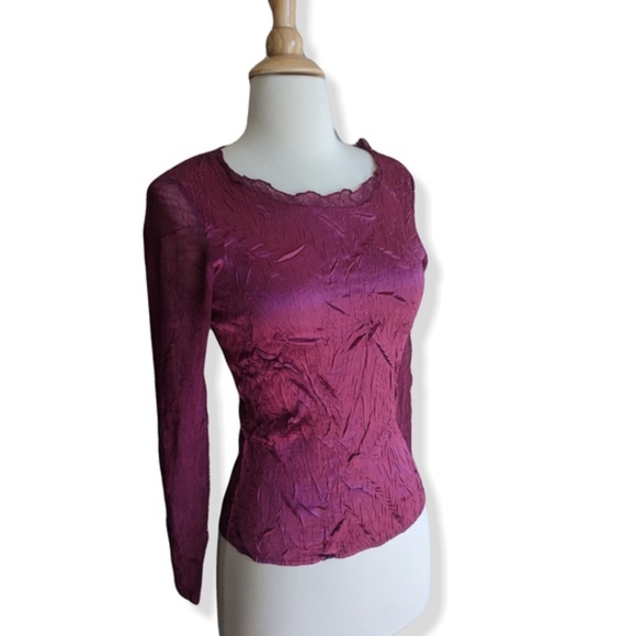 Komarov Tops - 100% silk cranberry round neck top w sheer sleeves